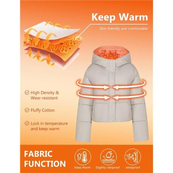 Womens Cropped Puffer Jacket Hooded Zip Up Apricot - Picture 2 of 6